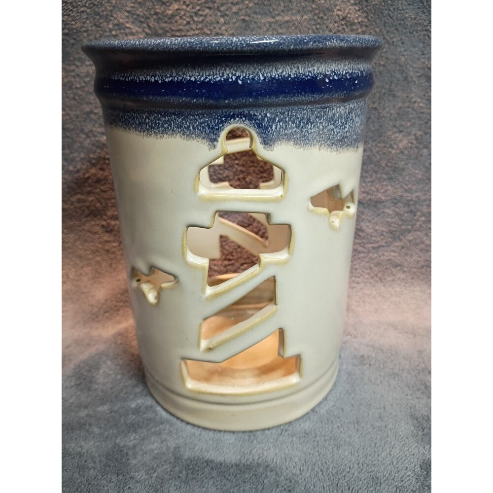 Retired Yankee Candle Lighthouse Ceramic Candle Holder Set Coastal Nautical Blue - Picture 5 of 16